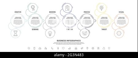 Thin line vector infographics with seven circles and arrows. Timeline template with 7 steps for the app, business, website, interface, chart, levels Stock Vector