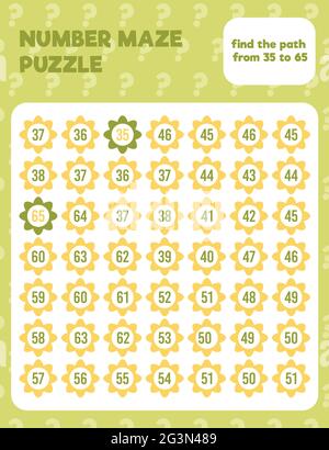 Math number maze puzzle. Prinatble math worksheet page. Easy colorful math worksheet practice for kids in preschool, elementary and middle school. Stock Vector