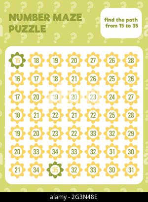 Math number maze puzzle. Prinatble math worksheet page. Easy colorful math worksheet practice for kids in preschool, elementary and middle school. Stock Vector