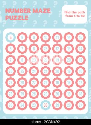 Math number maze puzzle. Prinatble math worksheet page. Easy colorful math worksheet practice for kids in preschool, elementary and middle school. Stock Vector
