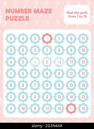 Math number maze puzzle. Prinatble math worksheet page. Easy colorful math worksheet practice for kids in preschool, elementary and middle school. Stock Vector