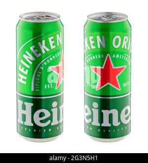 Heineken beer cans close up isolated on white background - Volgograd, Russia - June 03, 2021 Stock Photo