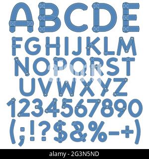 Letters, numbers and signs of denim. Isolated objects on a white background. Stock Vector