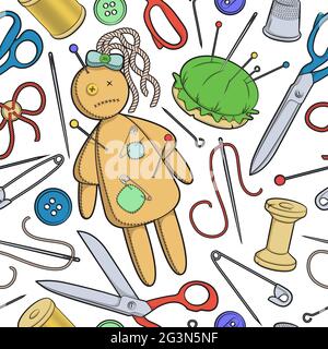 Vector seamless pattern with sewing utensils and a rag doll. Stock Vector