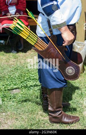 Old style wooden arrows in the case Stock Photo