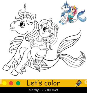 Cute little mermaid riding a magical sea unicorn. Coloring book page with colorful template for kids. Vector isolated illustration. For coloring book, Stock Vector