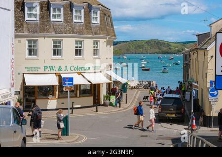 Salcombe Devon UK town, view in summer from Market Street towards the quay and estuary, Salcombe, South Hams, Devon, England, UK Stock Photo