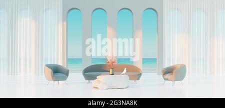 Modern Concept interior design of white living room with a sea view, 3d Render 3d illustration Stock Photo