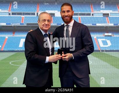 Madrid, Spain. 17th June, 2021. Tribute act and farewell to Sergio Ramos. 'Real Madrid City' hosted the act of tribute to Sergio Ramos, club legend who says goodbye after 671 official matches and 101 goals scored. Madrid, June 17, 2021 In Picture: Sergio Ramos and Florentino Perez © Real Madrid/Cordon Press Images will be for editorial use only. Mandatory credit: © Real Madrid Credit: CORDON PRESS/Alamy Live News Stock Photo