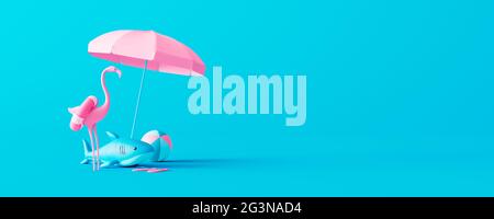 Pink flamingo and rubber shark with beach accessories on blue background. Summer vacation concept. 3D Render 3D illustration Stock Photo