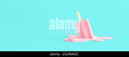 The pink ice cream on the stick is melting and flamingo life belt are floating on it. Creative minimal summer concept on pastel blue background Stock Photo