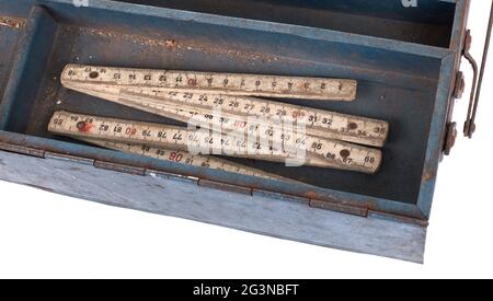 Old toolbox filled with vintage tools Stock Photo