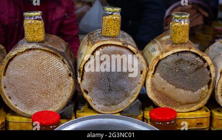 Honeycomb from round beehive with  honey Stock Photo