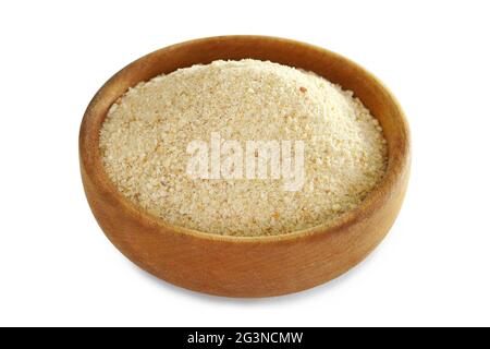 Bread crumbs in wooden bowl isolated on white background Stock Photo
