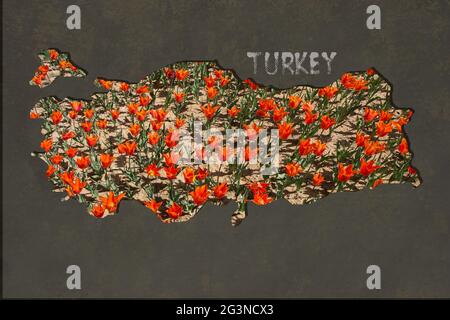 Roughly outlined map of Turkey with tulip garden filling Stock Photo