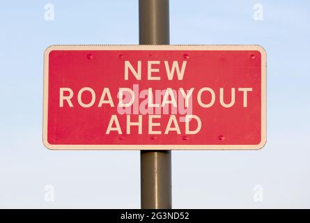 New road layout ahead sign Stock Photo