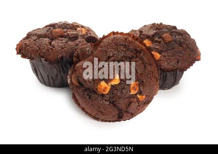 Studio shot of chocolate chip muffin cut out against a white background - John Gollop Stock Photo