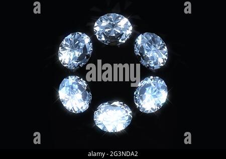 A close up view of a circular array of cut diamonds on a black isolated ...
