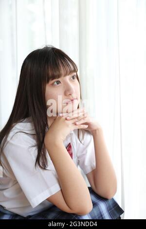 Portrait Japanese School Girl Sitting in Downtown Stock Image - Image of  korea, eating: 170802007