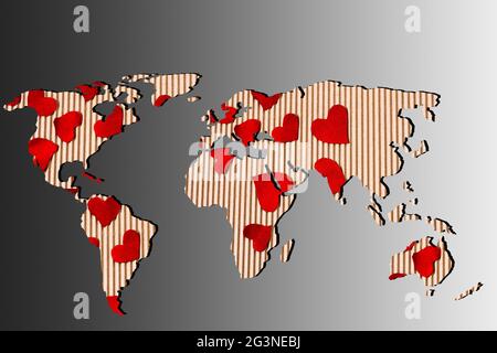 Roughly outlined world map withheart shapes fillings Stock Photo