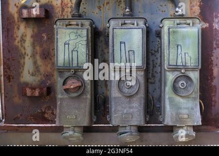 Power sockets, Industrial structures, Landschaftspark Duisburg-Nord, former ironworks and steel manufacturing, Duisburg, Ruhr, NRW, Germany Stock Photo