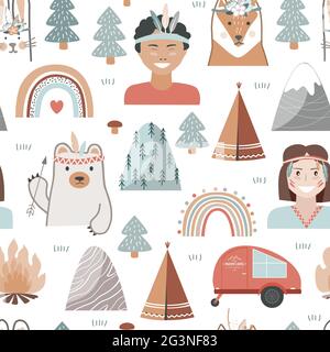 Hand drawn seamless pattern with summer camping equipment and kids dressed in tribal style. Trailers, trees, and animals in Scandinavian style Stock Vector