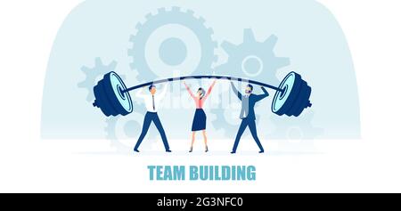 Vector of a business team two men and a woman lifting heavy bar together. Team building concept Stock Vector