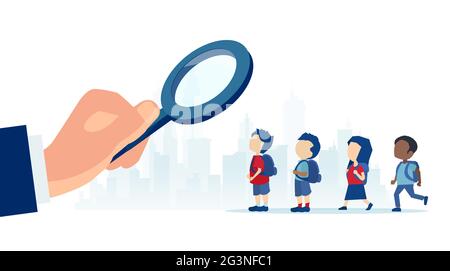 Vector of a businessman with magnifying glass looking for a talent among young kids Stock Vector