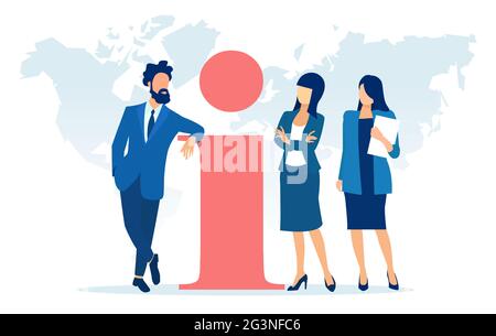 Vector of a businessman and two businesswomen standing by an info point symbol Stock Vector