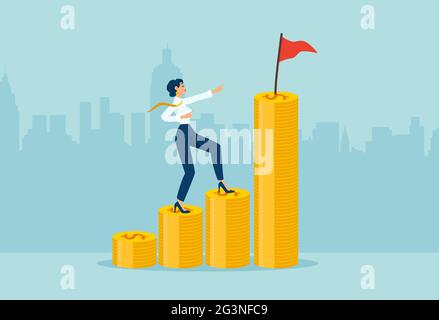 Vector of a businesswoman climbing up coin stacks aiming to achieve financial goal with a flag on the top. Stock Vector