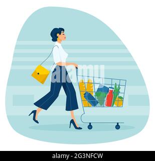 Vector of a young elegant woman pushing supermarket shopping cart full of groceries Stock Vector