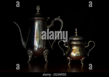 Antique Sterling Silver Coffee pot and Sugar Bowl Still Life Stock Photo