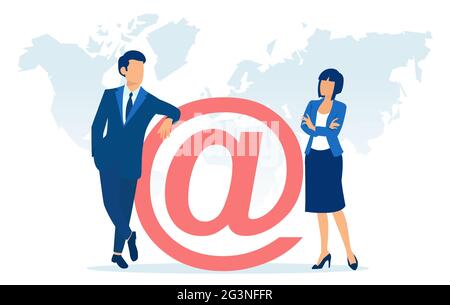 Vector of a businessman and a businesswoman standing near an email symbol Stock Vector
