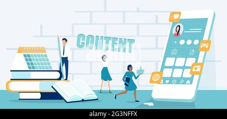Vector of a creative team of people working on social media account management and content upload Stock Vector