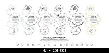 Thin line vector infographics with six circles and arrows. Timeline template with 6 steps for the app, business, website, interface, chart, levels Stock Vector