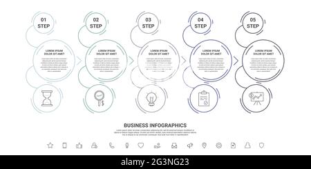 Thin line vector infographics with five circles and arrows. Timeline template with 5 steps for the app, business, website, interface, chart, levels Stock Vector