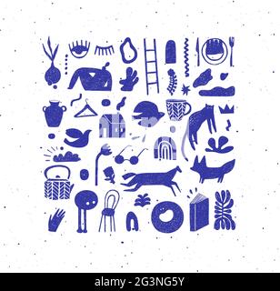 Set of hand drawn design signs drawing in crosshatch style in blue color on white background Stock Vector