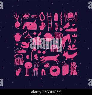 Set of hand drawn design signs drawing in crosshatch style in pink color on dark background Stock Vector