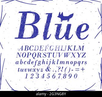 Alphabet crosshatch pen line style drawing with blue color on white background Stock Vector