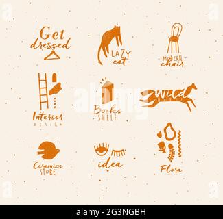Crosshatch pen line style modern symbols drawing in mustard color Stock Vector
