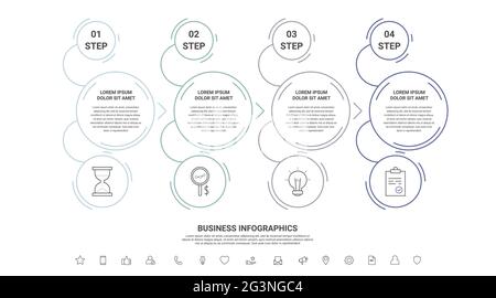 Thin line vector infographics with four circles and arrows. Timeline template with 4 steps for the app, business, website, interface, chart, levels Stock Vector