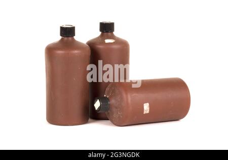 Photo developing equipment - Plastic bottle with chemicals Stock Photo