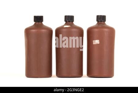 Photo developing equipment - Plastic bottle with chemicals Stock Photo
