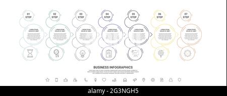 Thin line vector infographics with seven circles and arrows. Timeline template with 7 steps for the app, business, website, interface, chart, levels Stock Vector