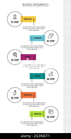 Thin line vector infographics with six circles and labels. Timeline template with 6 steps for the app, business, website, interface, chart, levels Stock Vector