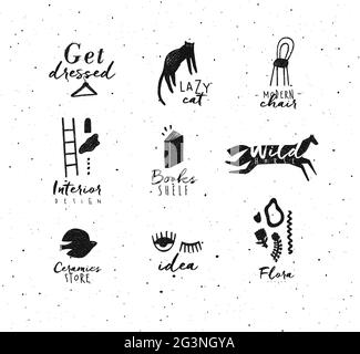 Crosshatch pen line style modern symbols drawing in black color on white background Stock Vector