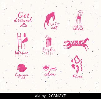 Crosshatch pen line style modern symbols drawing in pink color on beige background Stock Vector