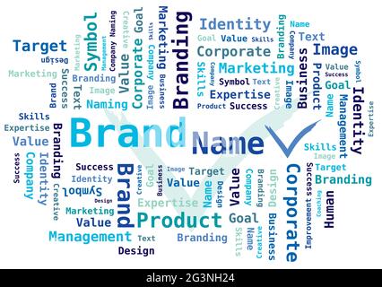 Brand Name - Word Cloud in various Blue Colors with Check Symbol Stock Vector