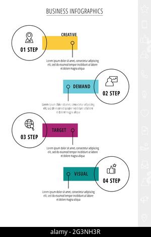 Thin line vector infographics with four circles and labels. Timeline template with 4 steps for the app, business, website, interface, chart, levels Stock Vector