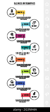 Thin line vector infographics with eight circles and labels. Timeline template with 8 steps for the app, business, website, interface, chart, levels Stock Vector